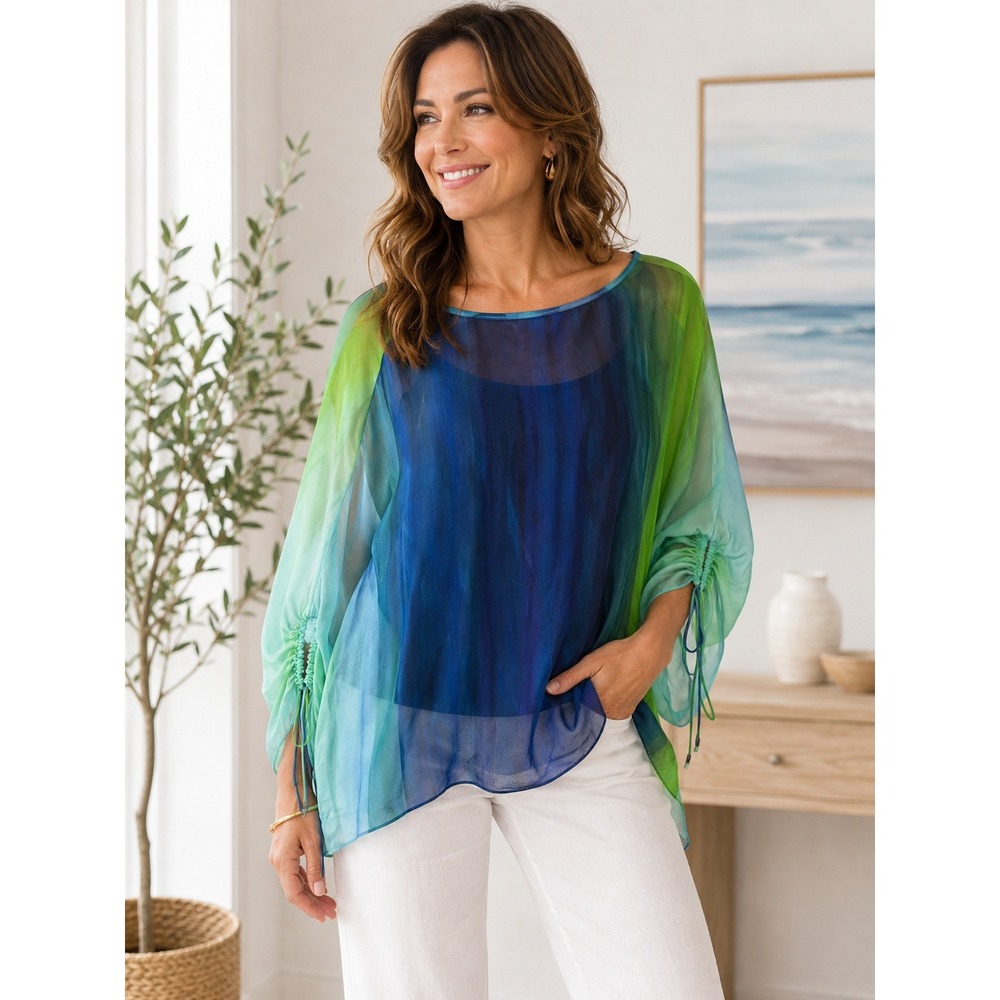 Elie Tahari 100% Silk Ombre Blue Green Sheer Blouse Tunic Top XL